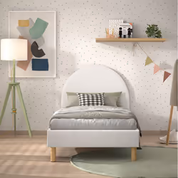 CONNIE - Lit 90x200cm Tête de Lit Demi-Lune Tissu Bouclé Blanc
