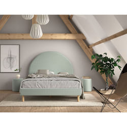 CONNIE - Pack Lit 140x200cm Tête Demi-Lune + 2 Poufs Tissu Bouclé Vert Olive