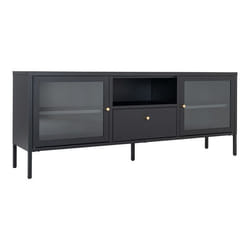 HUGO - Meuble TV 2 Portes Vitrées 1 Tiroir 1 Niche en Métal Laqué Noir