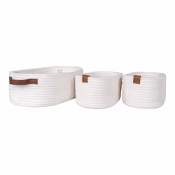 JIANA - Lot de 3 Paniers en Coton Blanc et Poignées Imitation Cuir Marron