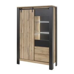 CLODIUS - Argentier 2 Portes 2 Tiroirs Métal et Aspect Bois Finition Scarlet avec Leds