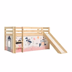 SLEEPY - Lit Mi-Haut Tobogan en Pin Naturel 90x200cm Housse Princesse