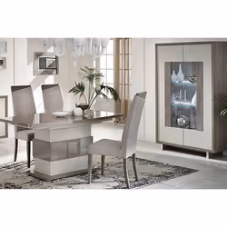 AUXANE - Pack Séjour Table Allongeable + Vitrine 2 Portes Led Gris Metallisé et Mat