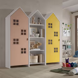 BEAUVILLE - Pack Bibliothèque + 2 Armoires Cabane Portes Jaune et Rose