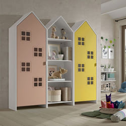 BEAUVILLE - Pack Bibliothèque + 2 Armoires Cabane Portes Jaune et Rose