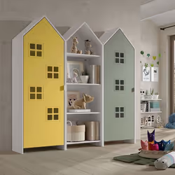 BEAUVILLE - Pack Bibliothèque + 2 Armoires Cabane Portes Verte et Jaune