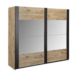 COPOLA - Armoire 2 Portes Coulissantes avec Miroir Aspect Bois Naturel et Noir