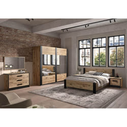 COPOLA - Chambre Complète Lit 140x200 + 2 Chevets + Armoire 2 Portes Coul. + Commode
