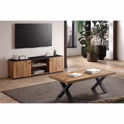 GLESS - Ensemble Salon Meuble TV et Table Basse Aspect Bois Finition Denver Piètement X Métal Noir