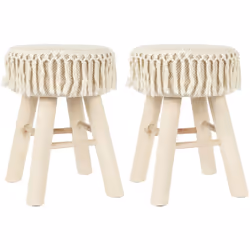 NELYA - Lot de 2 Tabourets Assise Décorative en Tissu Pieds en Pin Naturel