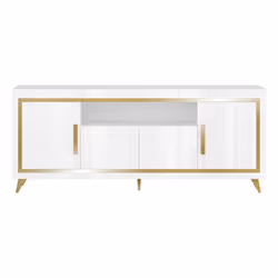 JEMMA - Buffet 4 Portes Laqué Blanc et Décor Doré avec Leds