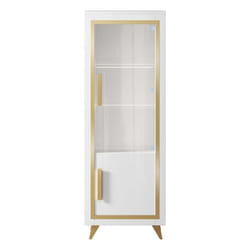 JEMMA - Vitrine 1 Porte Droite Laquée Blanc et Décor Doré avec Leds