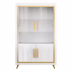 JEMMA - Vitrine 2 Portes Laquée Blanc et Décor Doré avec Leds