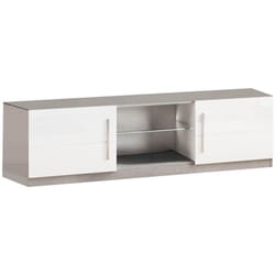 CLARK - Meuble TV 2 Portes Moderne Laqué Blanc et Marbre avec Leds