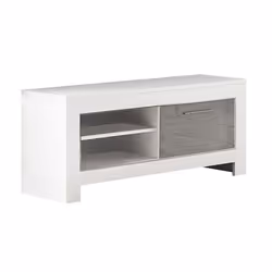 DENAE - Meuble TV 1 Porte L112cm Laqué Blanc Brillant et Gris Marbré