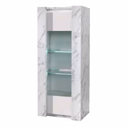 PRAVA - Vitrine 1 Porte Gauche Laquée Blanc et Effet Marbre avec Leds