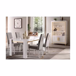 JEMMA - Ensemble Séjour Blanc Décor Doré Table 190cm + Vitrine avec Leds