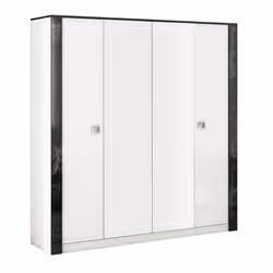 GAIA - Armoire Laquée Blanche 4 Portes avec Miroir et Décor Latéral Aspect Marbre Noir