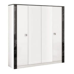 GAIA - Armoire Laquée Blanche 4 Portes avec Miroir et Décor Latéral Aspect Marbre Noir