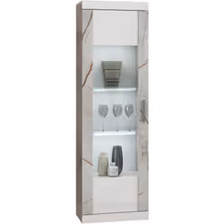 EROS - Vitrine 1 Porte Blanc Eclairage Led intégré avec Décor Latéral Aspect Marbre