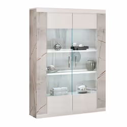 EROS - Vitrine 2 Portes Blanc Eclairage Led intégré avec Décor Latéral Aspect Marbre