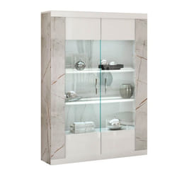 EROS - Vitrine 2 Portes Blanc Eclairage Led intégré avec Décor Latéral Aspect Marbre