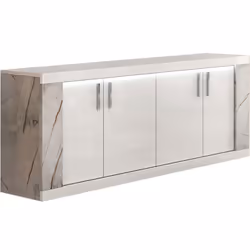 EROS - Buffet 4 Portes Blanc Eclairage Led intégré avec Décor Latéral Aspect Marbre