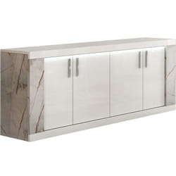 EROS - Buffet 4 Portes Blanc Eclairage Led intégré avec Décor Latéral Aspect Marbre