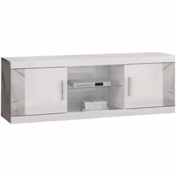EROS - Meuble TV 2 Portes et 2 Niches Blanc avec Décor Latéral Aspect Marbre