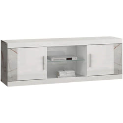 EROS - Meuble TV 2 Portes et 2 Niches Blanc avec Décor Latéral Aspect Marbre