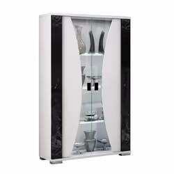 ARIANE - Vitrine 2 Portes Blanc Eclairage Led intégré avec Décor Latéral Aspect Marbre Noir