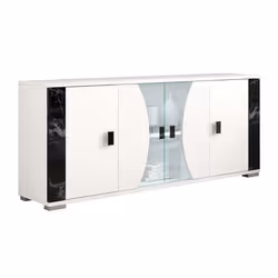 ARIANE - Buffet 4 Portes Blanc Eclairage Led intégré avec Décor Latéral Aspect Marbre Noir