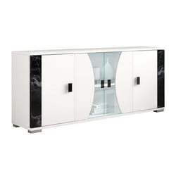 ARIANE - Buffet 4 Portes Blanc Eclairage Led intégré avec Décor Latéral Aspect Marbre Noir