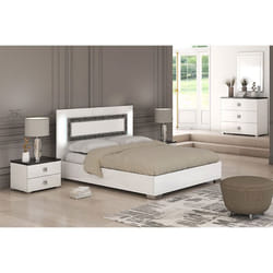 GAIA - Chambre Lit 140x190 cm + Chevets +  Commode Laquée Blanc avec Décor Noir
