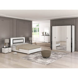 GAIA - Chambre Lit 140x190 cm + Chevets +  Commode + Armoire Laquée Blanc avec Décor Noir