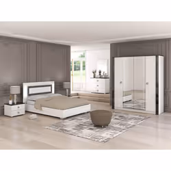 GAIA - Chambre Lit 160x200 cm + Chevets +  Commode + Armoire Laquée Blanc avec Décor Noir