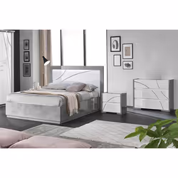 LINEAL - Chambre 160x200cm Blanche et Gris Béton Lit-Coffre avec Leds + 2 Chevets + Commode