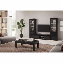 DEYTON - Ensemble Salon Complet Laqué Noir Meuble TV + Vitrines avec Leds + Table Basse 127cm