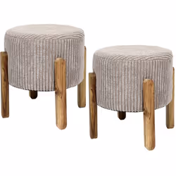 AMORY - Lot de 2 Tabourets en velours côtelé coloris taupe pieds en acacia