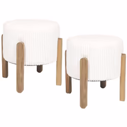 AMORY - Lot de 2 Tabourets en velours côtelé coloris crème pieds en acacia