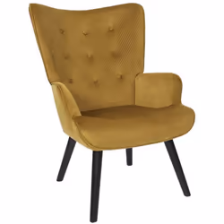 HAMZA - Fauteuil Tissu velours côtelé moutarde et piétement hévéa laqué noir