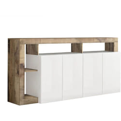 ARTURO - Buffet 4 Portes Blanc Laqué Encadrement Niches Aspect Bois Antik