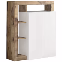 ARTURO - Meuble Bar 2 Portes Blanc Laqué Encadrement Niches Aspect Bois Antik