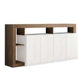 ARTURO - Buffet 4 Portes Blanc Laqué Encadrement Niches Aspect Chêne Mercure