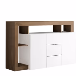 ARTURO - Buffet 2 Portes 3 Tiroirs Blanc Laqué Encadrement Niches Aspect Chêne Mercure