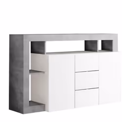 ARTURO - Buffet 2 Portes 3 Tiroirs Blanc Laqué Encadrement Niches Aspect Cimento