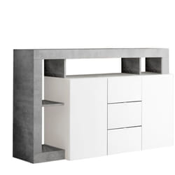ARTURO - Buffet 2 Portes 3 Tiroirs Blanc Laqué Encadrement Niches Aspect Cimento