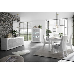 OTELLO - Ensemble Séjour avec Buffet 4 Portes Finition Blanc Laqué et Aspect Béton