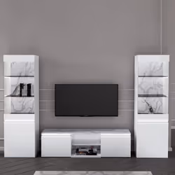 CHRIS WHITE - Vitrine 1 Porte Laquée Blanc Brillant Fond Imitation Marbre avec Led - Vue supplémentaire 2