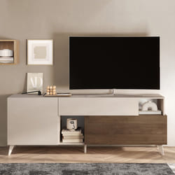 CARLO - Meuble TV 2 portes 1 Tiroir Laqué Beige et Aspect Bois Finition Mercure